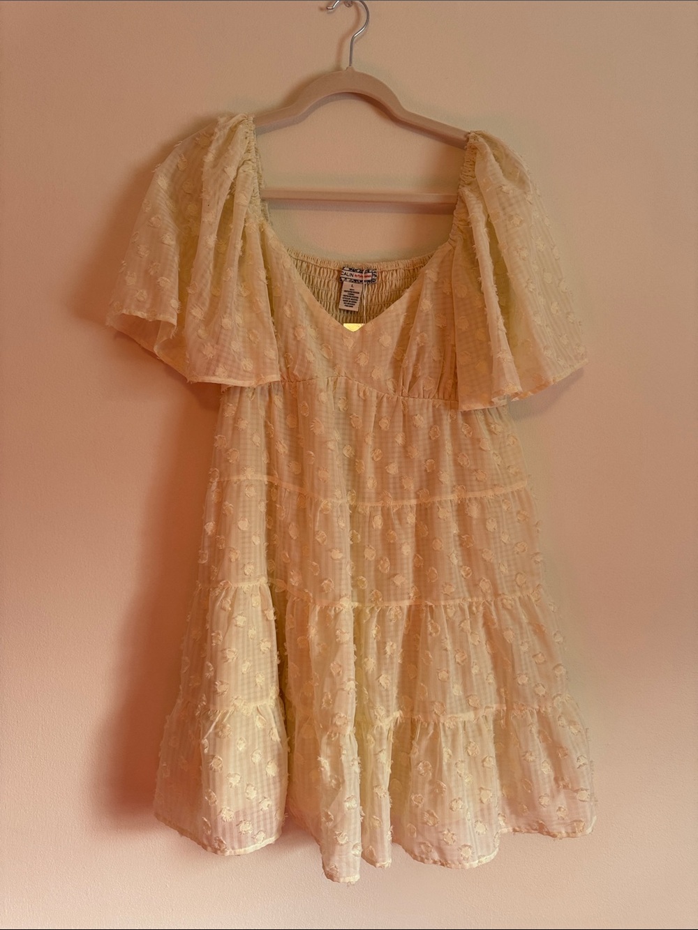 Flying Tomato Cream Floral Textured Ruffle Sleeve Dress